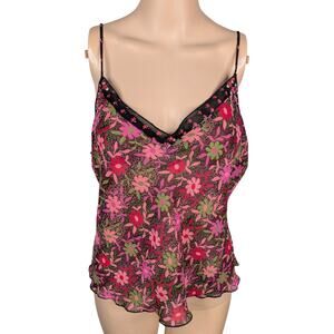 Vtg Y2K Josie Natori Pink Black Floral Sheer Chiffon Camisole Tank Top SZ L